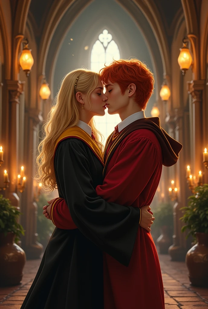 Russian blonde in Hufflepuff uniform kisses Fred Weasley from Gryffindor