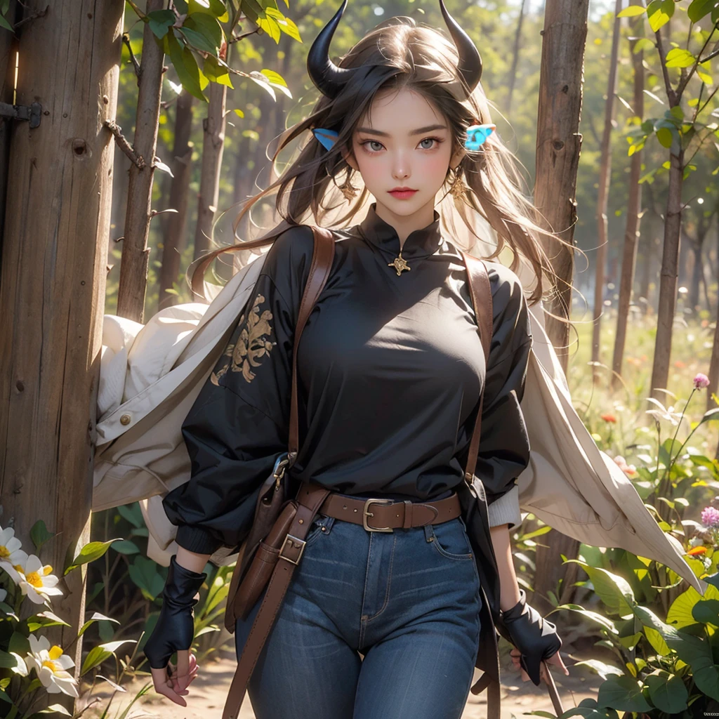 ((best quality)), ((masterpiece)), (detailed), 1 women pornstar elf dark knight, 8k_wallpaper, extremely detailed eyes, (large masterpiece digital art), (intricate details:1.3 ), (ultra-detailed:1.3), (sharp focus:1.3), (natural lighting:1.05), (vivid colors:1.3), (best quality:1.4), high quality, expressive eyes, full body, detailed face, beautiful face, perfect face, ((hair sandy white curls)), ((indigo horns)), (gold eyes), {{dark skin}}, ({dark skinned female}), big breasts, huge chest, powerful relief muscles of the abdomen and legs, powerful strong muscles of the arms, cruel predatory and cold-blooded arrogant look and smile, a green coat with a white fur collar, a wide red belt with a large steel yarn, gold-colored steel shoulder pads in the shape of a dragon's head, red leather gloves, a quiver of arrows and a hiking backpack, walking along a path against the backdrop of a field of blooming flowers and a forest,