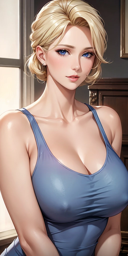 Elegant mature woman, milf, blue eyes, blonde hair, soft light, 4k resolution, high quality, beautiful cg