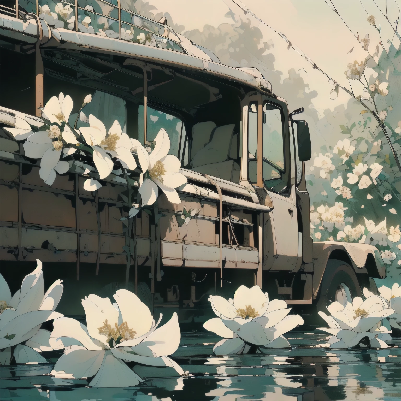 (((Masterpiece, top quality))), (((32K wallpaper))), ultra high resolution, (((close-up))), gorgeous light leak, (((backlit))), highly detailed background, top quality, (((no humans))), highly transparent river, (((extremely detailed rusty heavy truck with many white flowers)),  (((( very dull color )))), (((( white flowers in the water))), (((White petals fly)))