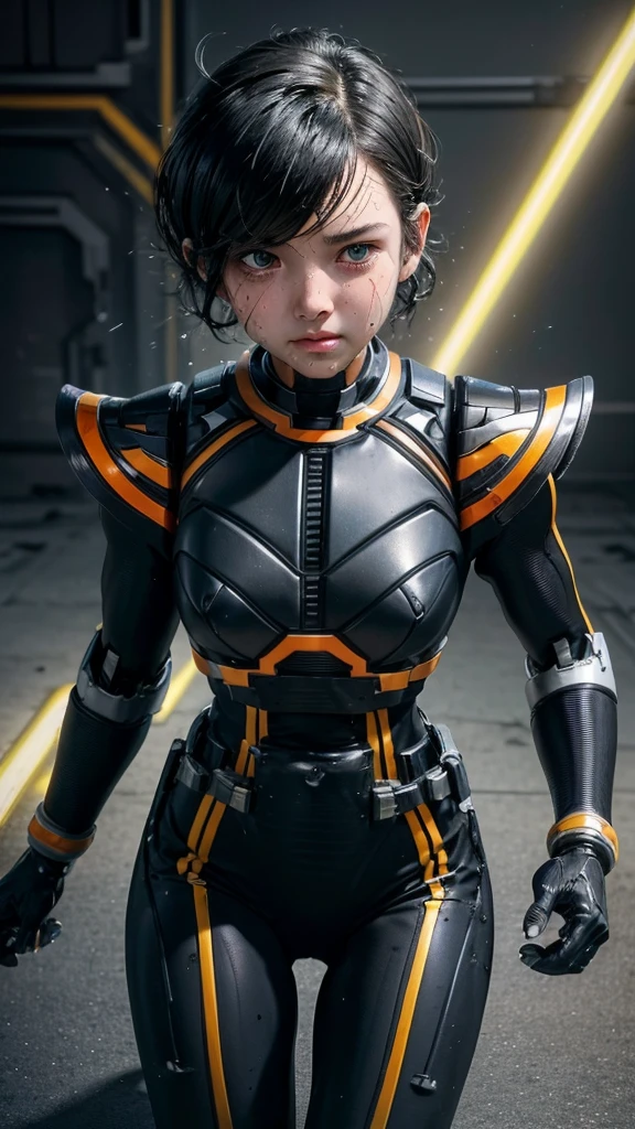 Highest quality　8k Cyborg Suit Girl　Heavy Armor　　　Sweaty face　cute　Boyish short hair　Very short hair　Steam coming out of my head　My hair is wet with sweat　Black Hair　Broken and unable to move　　Lying down　Soaked Face　My crotch is wet