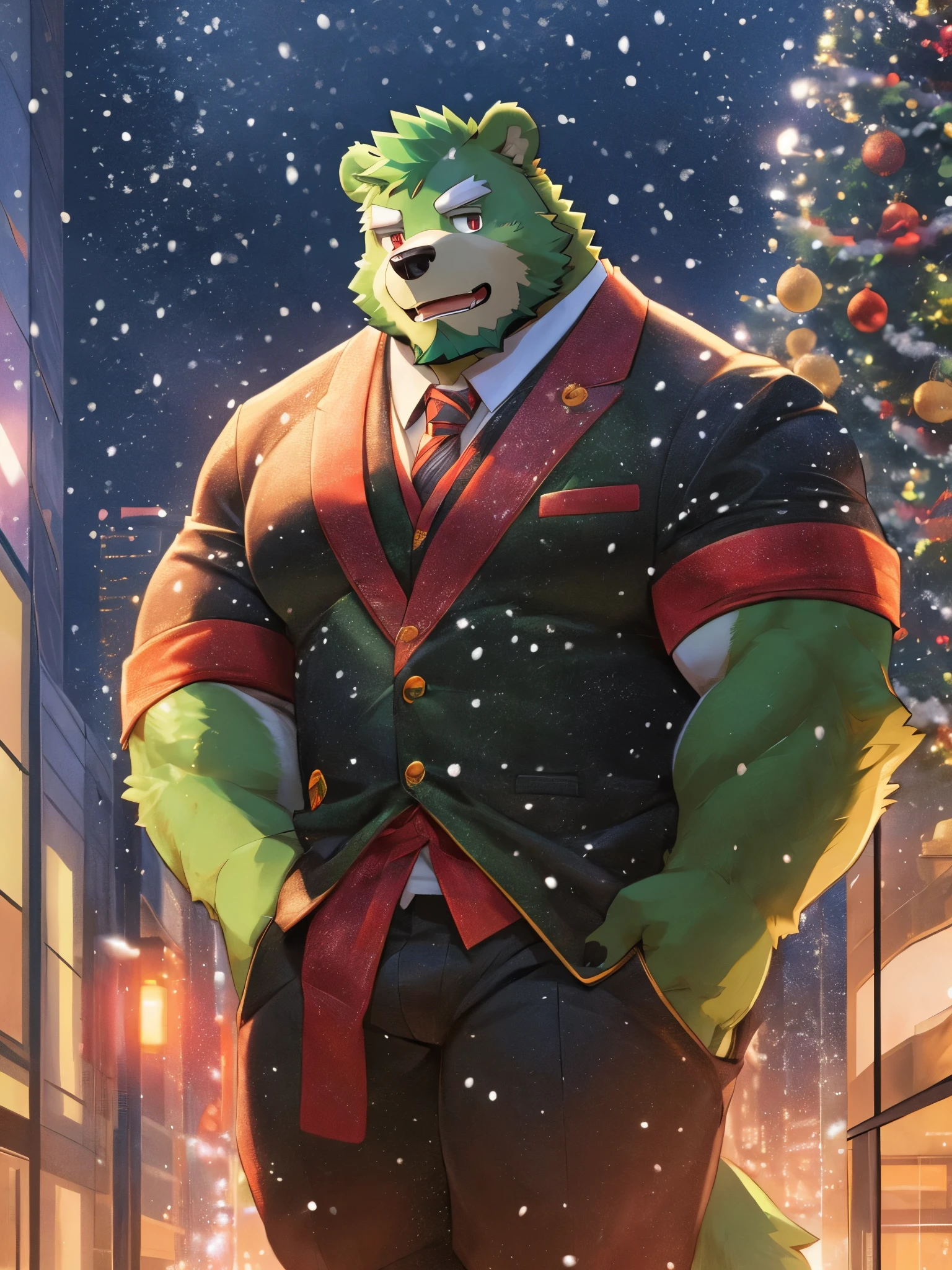 anthro, kemono, male, solo, (((green bear))), (((green fur))), green hair, red eyes, beard, white eyebrows, cinematic lighting, Snowing city modern high-rise buildings muscular people in suits gorgeous（Detailed）Christmas tree Christmas Eve