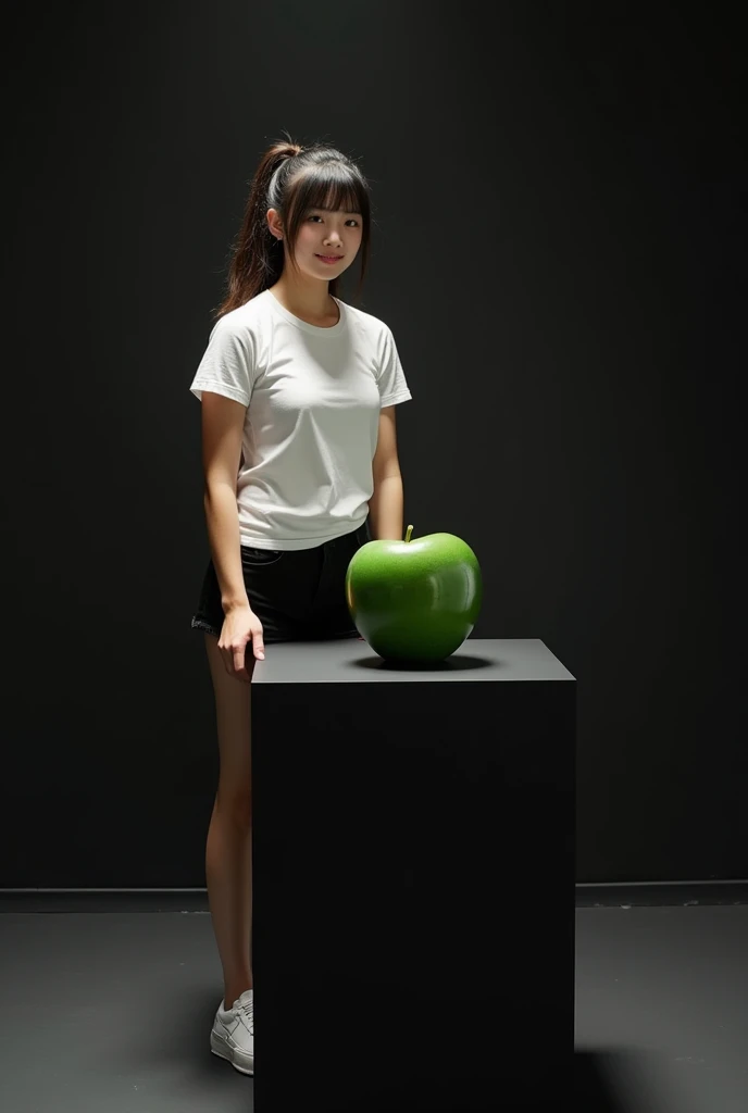 main item is a high ,black ,huge surface ,table displaying a very small green cude(size like a fist) with no shadow ,  
and a 16years old ,ponytail,CUTE, BEAUTIFUL ,asian, with Bangs,white T shirt,black shorts, big breasts(34 E CUP) ,very white skin tone teenager standing next to it 
and the whole body facing the camera
the back ground is a black wall
taking a realistic far view photo