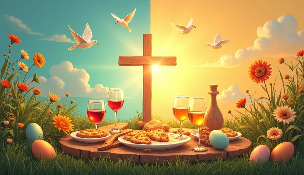 A visually stunning thumbnail featuring a split background: one half depicting traditional symbols of the Jewish Passover, like a Seder plate, matzah and wine, and the other half showing Christian Easter symbols, como uma cruz, eggs and a sunrise. Colors should be vibrant and warm, using golds and greens for the Jewish side and pastel colors for the Christian side.  Add subtle graphics, like doves and flowers, to highlight the spiritual theme. The composition must balance both halves, evoking curiosity and wonder. --ar 16:9 --v 5 --q 2 --style 4b