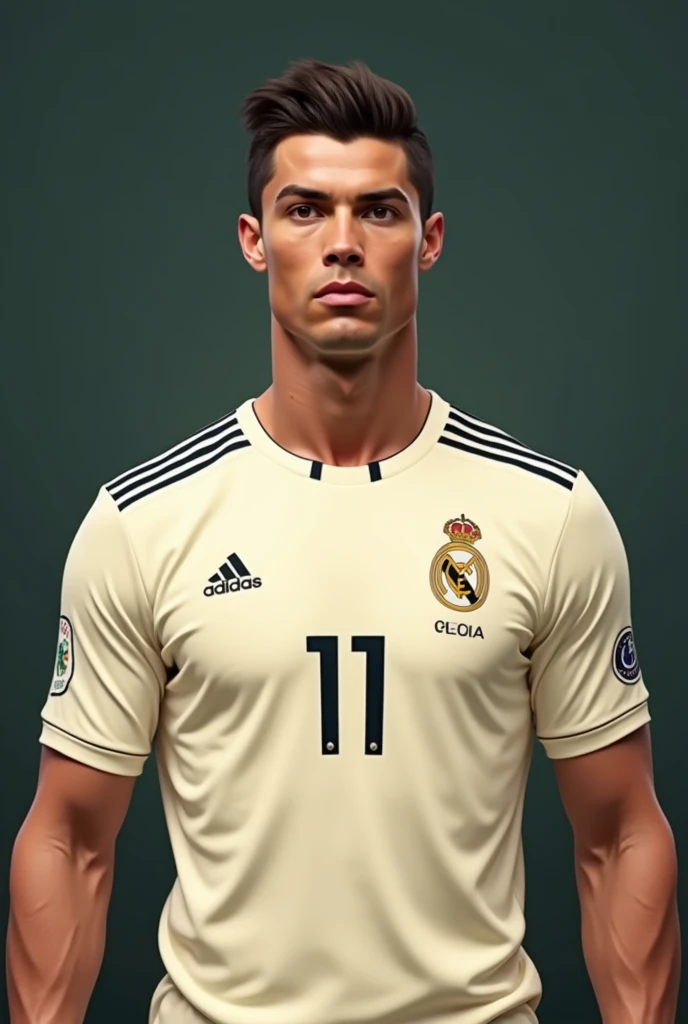 Cristiano Ronaldo in a cream football shirt with a U on his chest