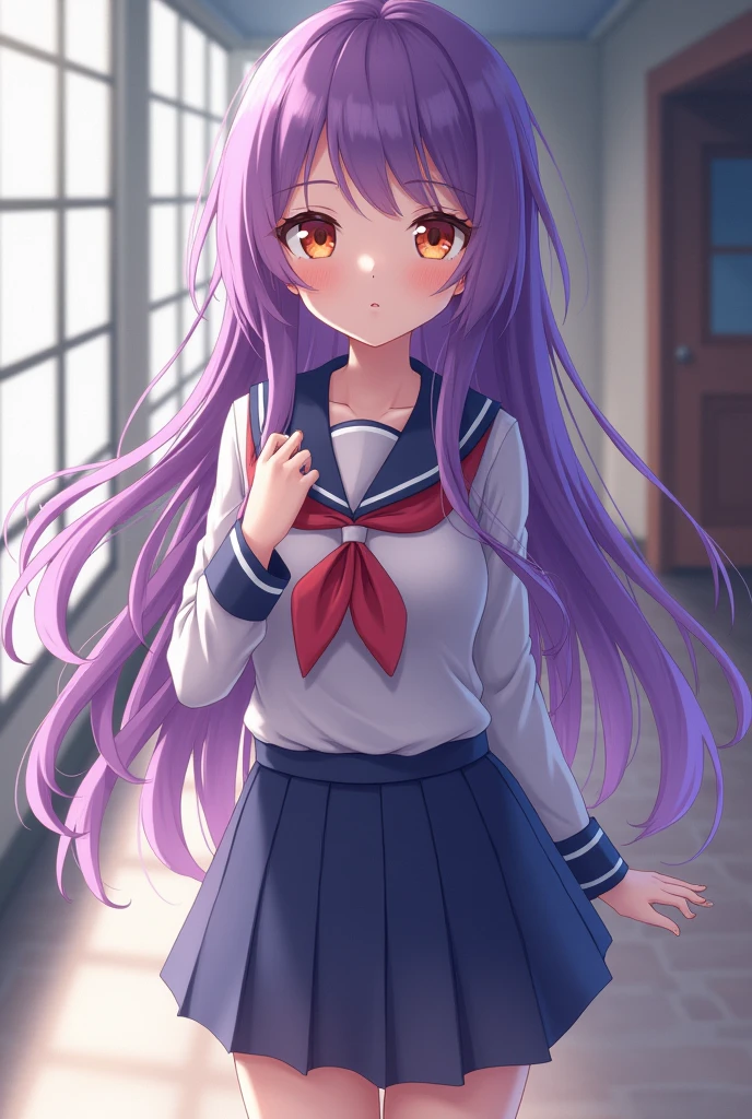 Fille anime. purple hair. Longhaire. orange eyes. schoolgirl. Belle.