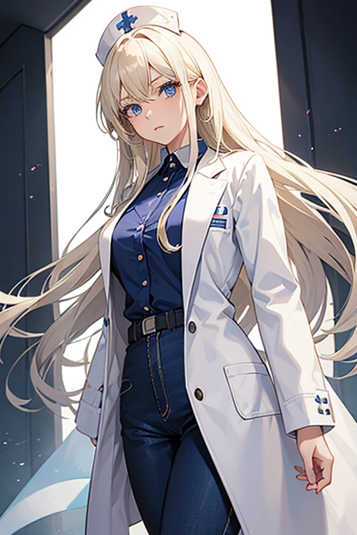 woman in her 20s, Mexican, slim build, nurse uniform, white coat, blue pants, long blonde hair, spiky hair, blue eyes, looking directly at viewer white background