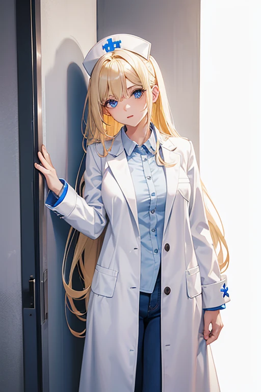 woman in her 20s, Mexican, slim build, nurse uniform, white coat, blue pants, long blonde hair, spiky hair, blue eyes, looking directly at viewer white background