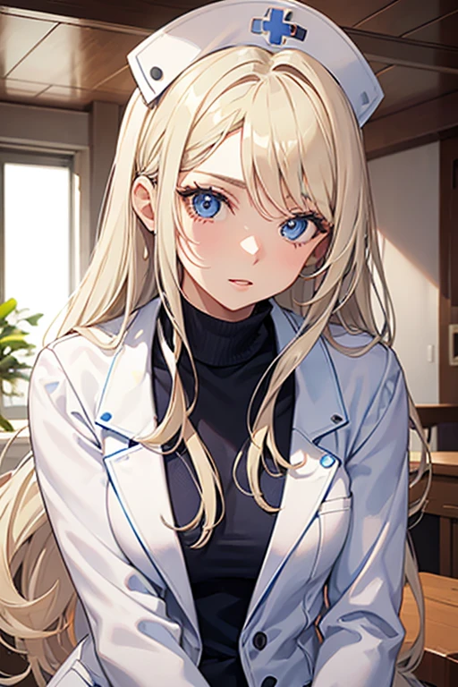 woman in her 20s, Mexican, slim build, nurse uniform, white coat, blue pants, long blonde hair, spiky hair, blue eyes, looking directly at viewer white background