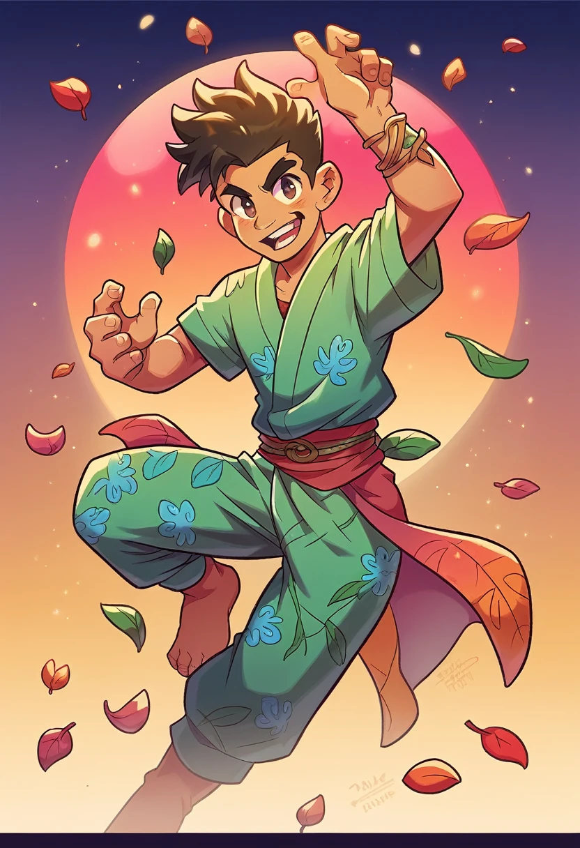 a 27 year old asian male fairy, a monk wearing ornament clothes, hawaiian leaves around his waist, sexy and confident, best quality, masterpiece, extremely detailed, dungeons and dragons, highly detailed face, intricate clothing details, dynamic pose, cinematic lighting, vibrant colors, seamless blend of fantasy and realism, dramatic atmosphere, award winning digital art
