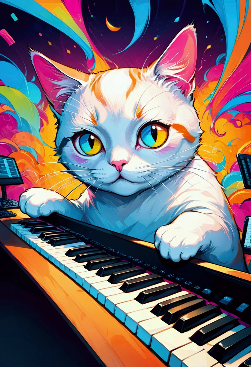 1cat, Meme, Keyboard Cat, cute cat, cartoon cat, funny cat, cat playing keyboard, colorful background, digital art, vector illustration, vibrant colors, bold colors, whimsical, humorous, meme style, internet culture, pop art, (4k,8k,highres:1.2), ultra-detailed, masterpiece, best quality, very aesthetic, absurdres
