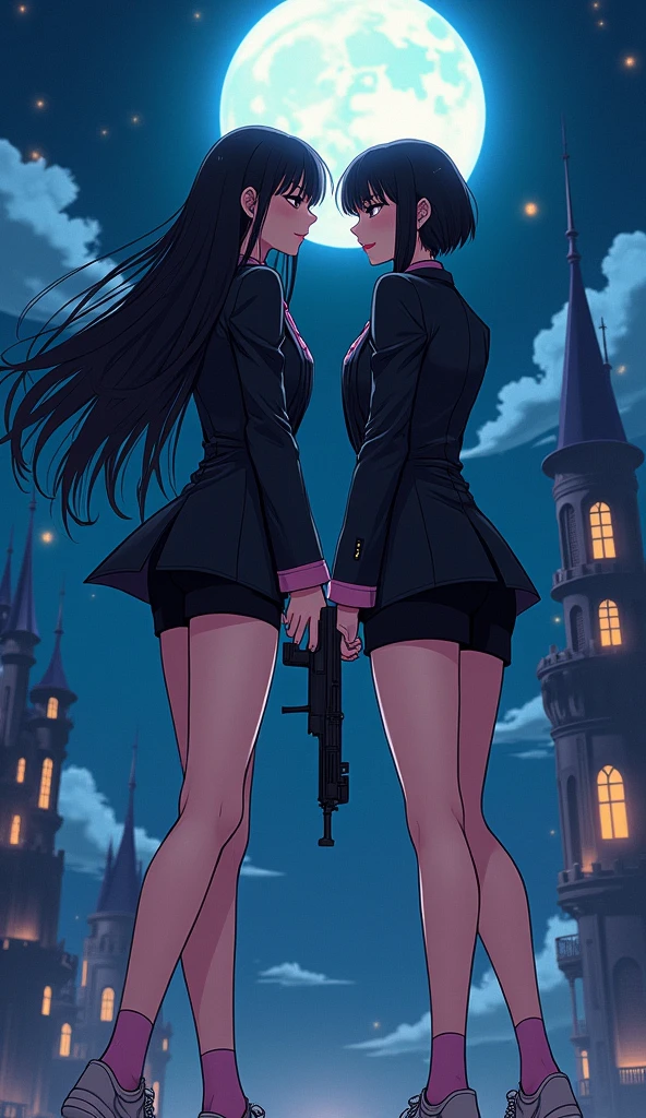 Two girls, yuri action, "girl long black hair wear a black suit, pink shirt, black pencil skirt, black underpants, pink socks, white sneakers" and "girl long black hair wear a black suit, grey shirt, black pencil skirt, black underpants, grey socks, white sneakers", holding a gun uzi, back to back, smile, the night castle, fantasic night sky, moon, novel cartoon, 4K, HD