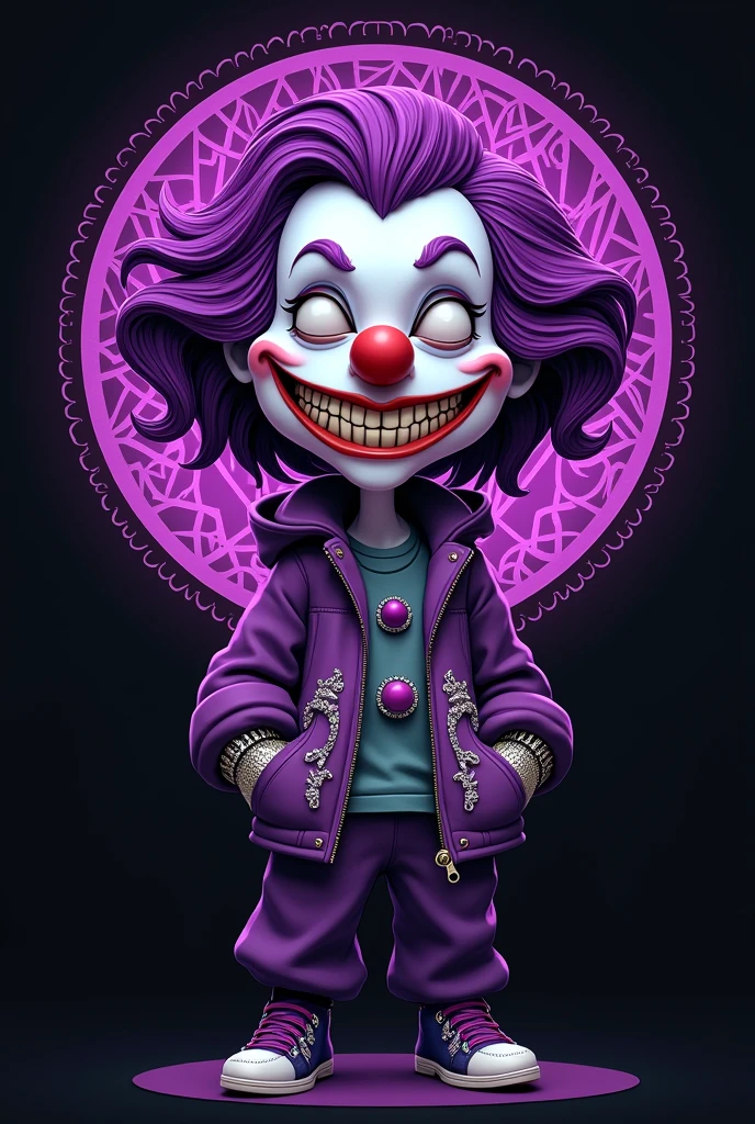 A stylized digital illustration of a character with a cartoonish clown face, featuring an exaggerated, wide-grinned smile and a red nose. The character wears a purple hoodie and vest, adorned with silver accents, and has purple hair. The background is black with a circular purple design featuring geometric patterns, enhancing the edgy aesthetic.