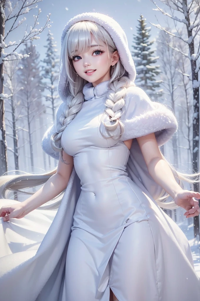 masterpiece、Highest quality、1 girl, winter, platinum blonde hair, Cute girl, smile, close mouse, medium breasts, sideboob:1.2, white dress, winter clothes, long skirt, Fur coat、Small waist、Thin legs、outdoors, frozen lake, snow falling
