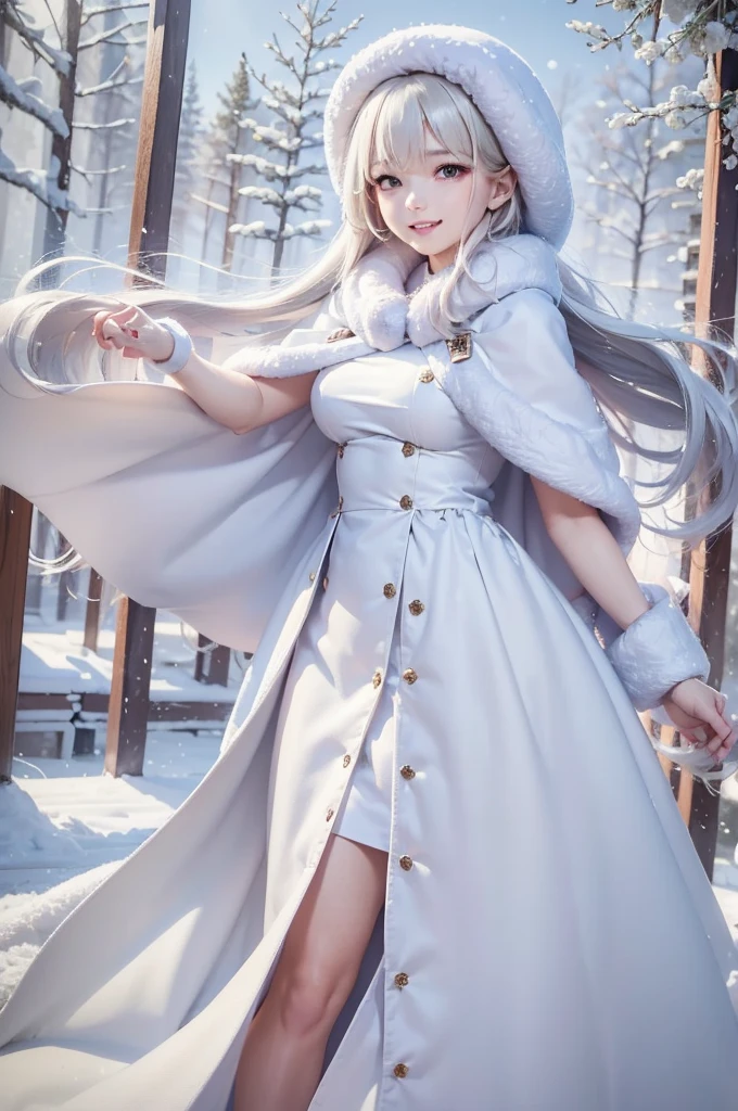 masterpiece、Highest quality、1 girl, winter, platinum blonde hair, Cute girl, smile, close mouse, medium breasts, sideboob:1.2, white dress, winter clothes, long skirt, Fur coat、Small waist、Thin legs、outdoors, frozen lake, snow falling
