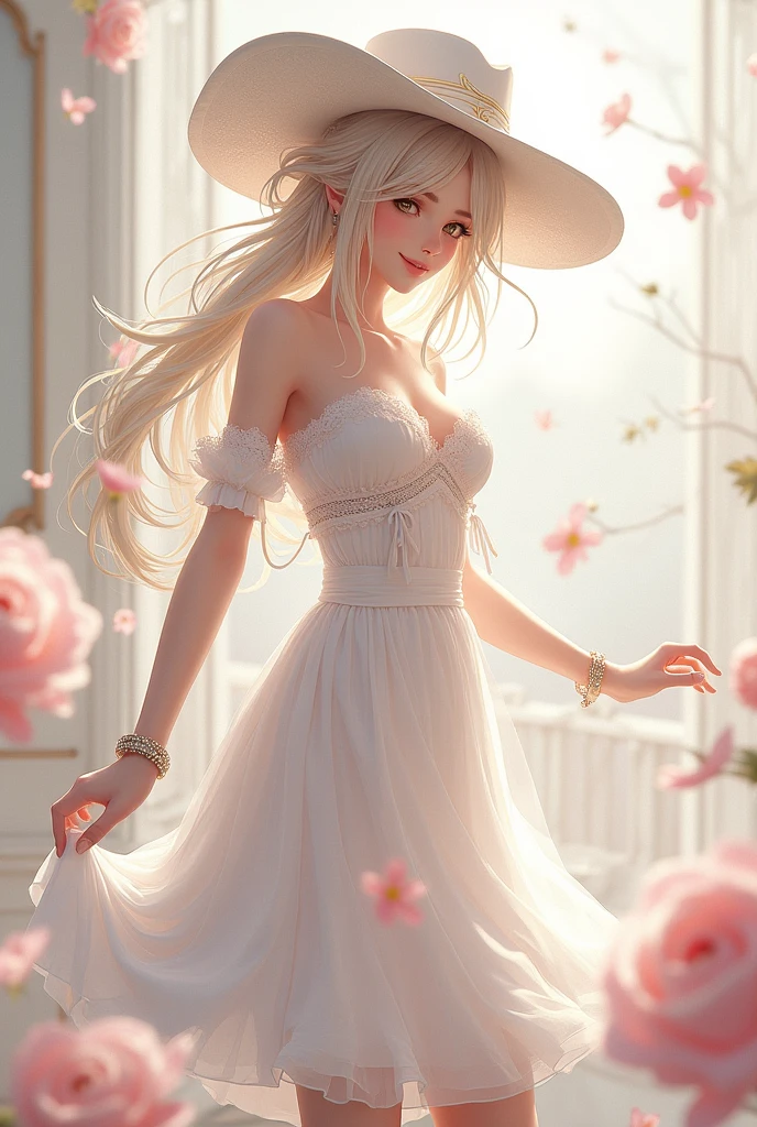 work of art, best qualityer, very aesthetic, /(columbina damselette)/: /(genshin impact)/ genshin impact, white dress above the knee, cowboy boots and cowboy hat, pale skin and small breasts