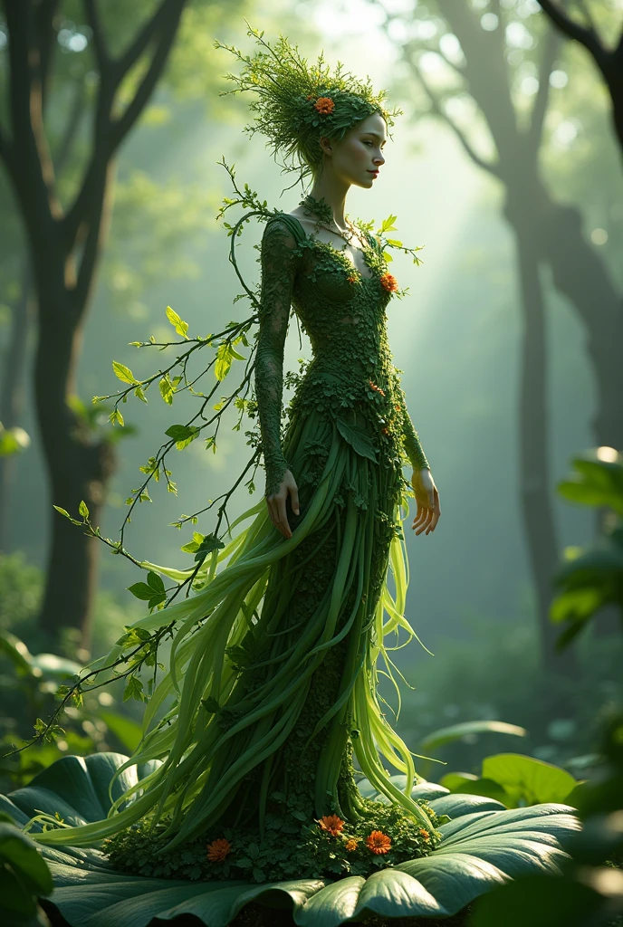 "A graceful, human-like leaf shaped as a queen, swaying gently in a plant pot. The leaf moves in slow motion, its edges flowing like a delicate gown. The midrib forms a crown, while the intricate vein patterns suggest a serene face. The camera follows the leaf's elegant dance, capturing every subtle movement and the full length of its body, as it twirls and bends with a fluid, almost magical rhythm. Soft light illuminates the scene, highlighting the leaf's texture and creating a dreamy, cinematic atmosphere as it dances in its natural throne."