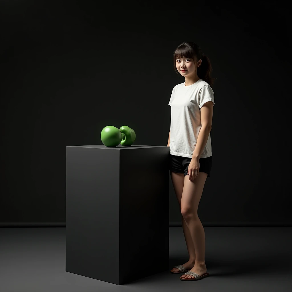 main item is a high ,black ,huge surface ,table displaying a very small green cude(size like a fist) with no shadow ,  
and a ars old ,ponytail,CUTE, BEAUTIFUL ,asian, with Bangs,white T shirt,black shorts, big breasts(34 E CUP) ,very white skin tone teenager standing next to it 
and the whole body facing the camera
the back ground is a black wall
taking a realistic far view photo