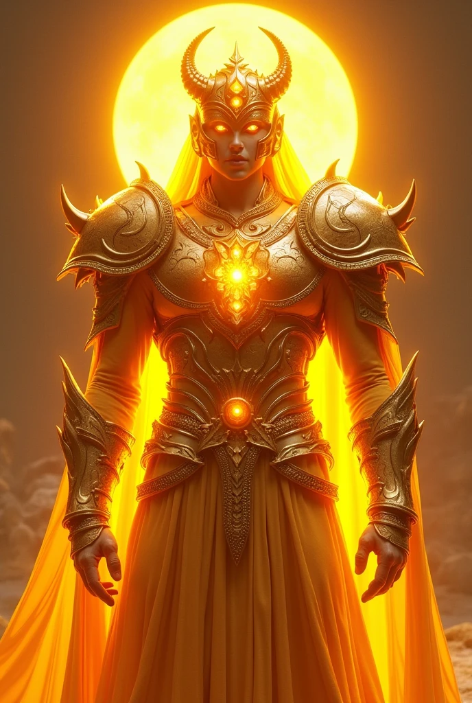 create an image of a sun-colored, glowing warrior, with a very large helmet, and with precious stones on his visor