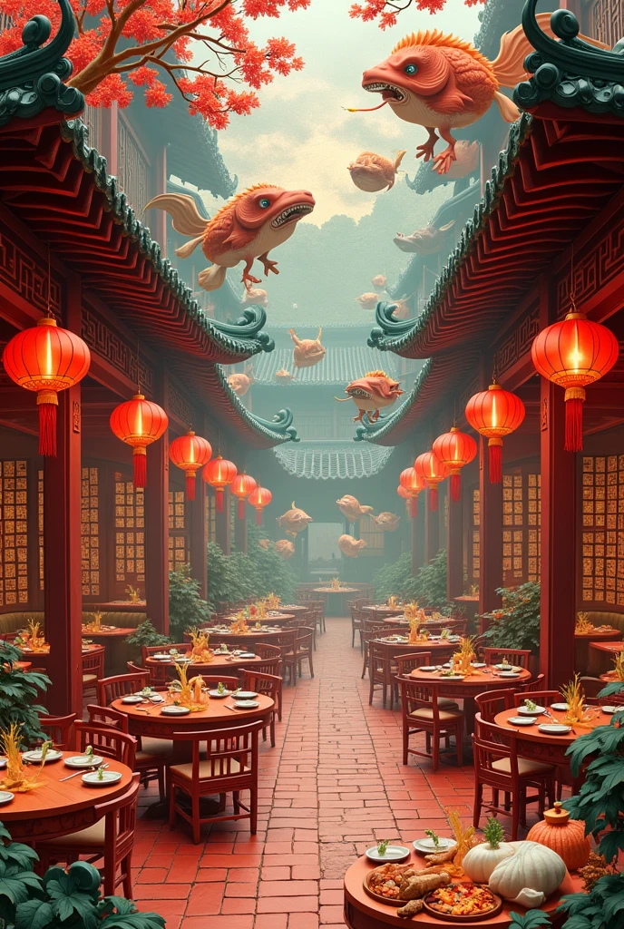 Papercut art. A very detailed and intricate cutout of an ancient chinese restaurant with a lot of chinese food flying, vegetables and meat, monsters and trees, mystery atmosphere, night