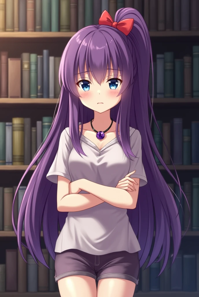 A girl short for her age, long and straight hair, violet hair tied in a high ponytail with a red bow, blue colored eyes. A snobbish and arrogant expression, wearing a short-sleeved blouse paired with shorts. An amethyst necklace. spite, looking like a "board" due to her tiny breasts. She is in a library with her arms crossed over her chest, with apparent anger. anime styling.