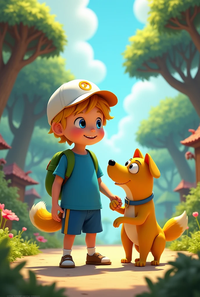 Do Finn He has a white cap and yellow hair, a blue shirt and blue shorts, he is He has a yellow dog, the dog stretches and talks
