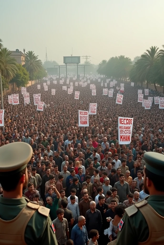 "Imagine a vast village playground filled with thousands of peaceful protesters. They stand united, holding large banners high above their heads. The banners read 'Release Bacha Khan' in bold letters. Surrounding the crowd are police and army personnel, maintaining a tense but calm presence as the protesters demand justice and freedom."