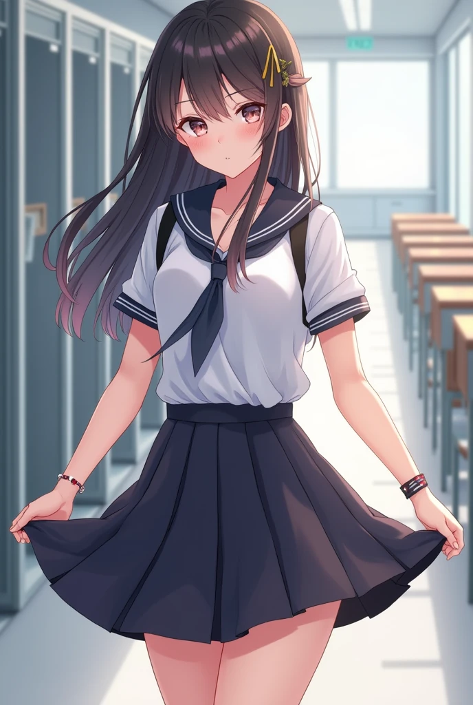 A girl lifting her school skirt
