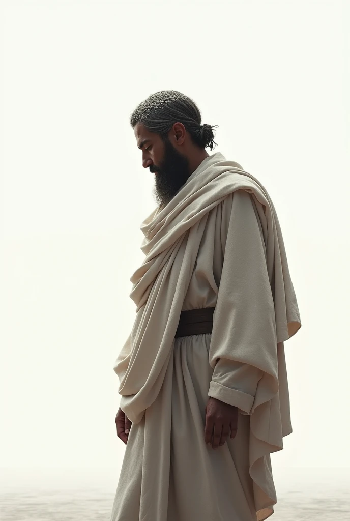 Biblical character Job when he was sick with ashes on his head standing with a white background looking sad