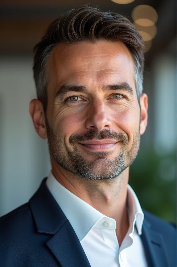 Create a realistic portrait of a professional male in his late 30s to early 40s, with short brown hair and light stubble. He has a confident and approachable expression, wearing a tailored, dark blue suit with a crisp white shirt. The background should be a simple, blurred office setting to emphasize his role as a corporate or business professional. The lighting is soft and natural, highlighting his facial features and professional demeanor