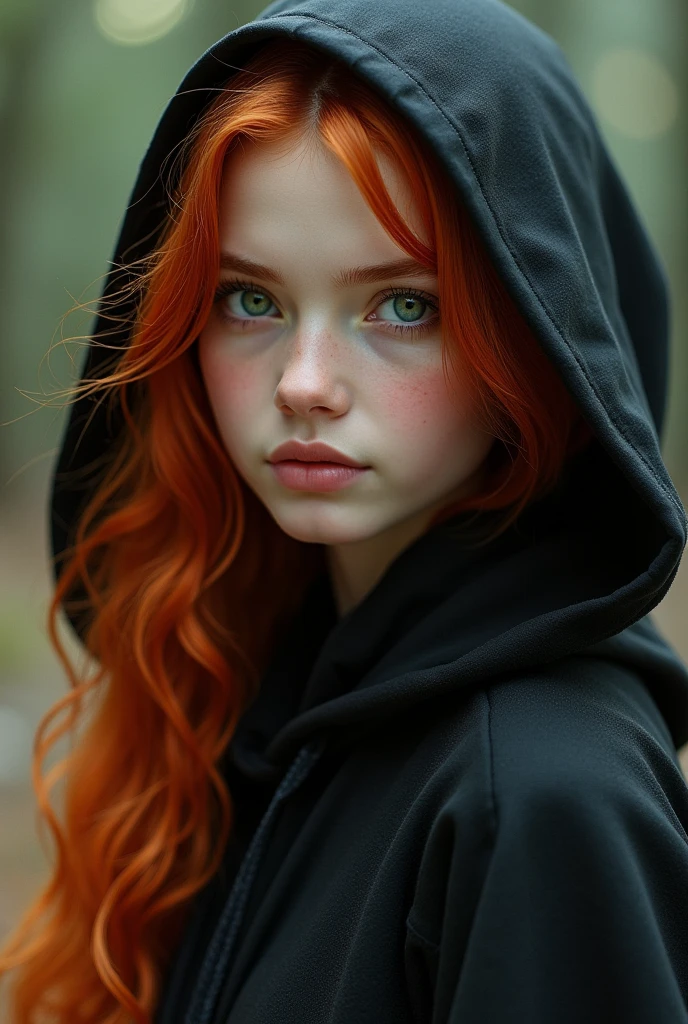 The most beautiful red haired girl in anime with a black cape on her head