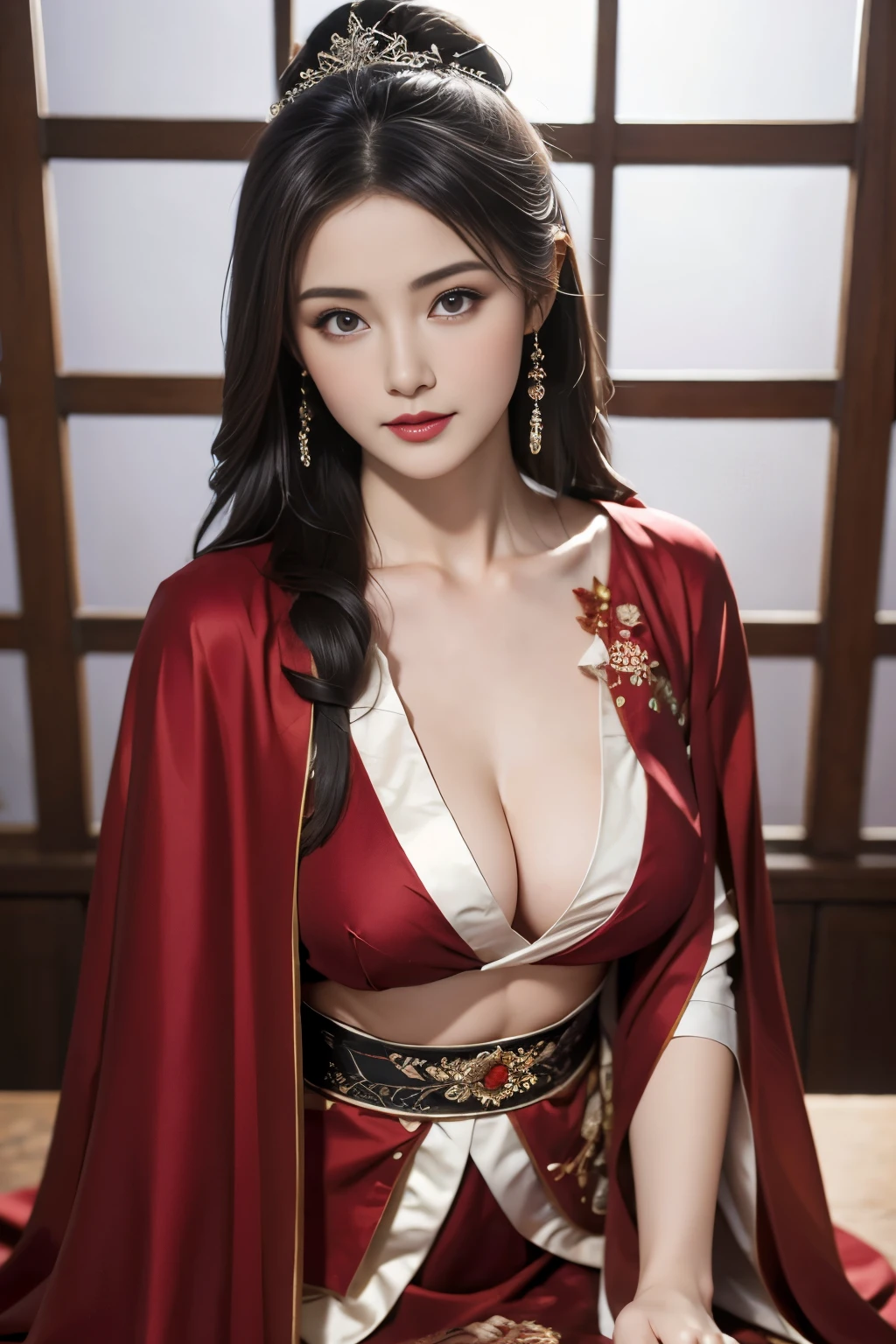 Dark environment,Except for the moonlight outside the window(Side lighting),There is a candle on the table,Faint candlelight,Beautiful and attractive woman 20 years old in luxurious robe feeling happy,Oriental element wine red gauze cape(Clothing is transparent1.2),Intricate clothing accessories。Border decoration、embroidery,Dark silk long skirt,Low waist and high legs, ,Perfect face and body,Beautiful standard breasts, Toned thighs,medium to long shot ,Emerging Art Background,Girl holding a brush,