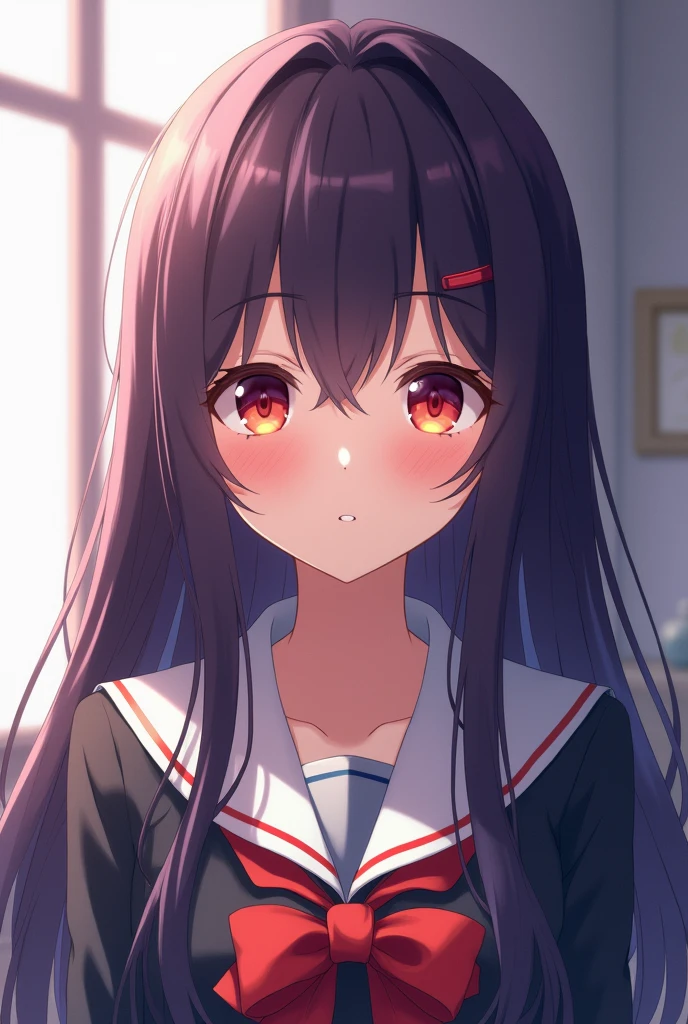 Fille anime. dark purple hair. Longhaire. orange eyes. girl. Belle. 17 ans