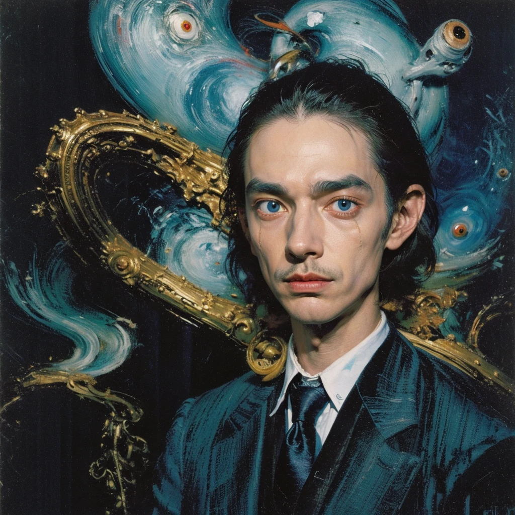 painting of a man with a strange face and a tie, a surrealist painting inspired by Victor Brauner, tumblr, neo-dada, style of jeff soto, portrait of a space alien, strange portrait with galaxy, style of emil melmoth, portrait of a cosmic entity, portrait of an alien, portrait of a cosmic god, painting by android jones