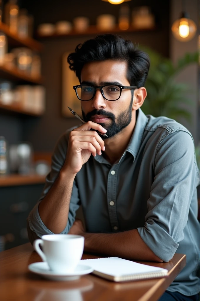 ((best quality)), ((masterpiece)), (detailed), perfect face
"A young Bangladeshi man with a beard wearing glasses, sitting in a coffee house, holding a pen and thinking with a cup of tea and a notebook in front of him."