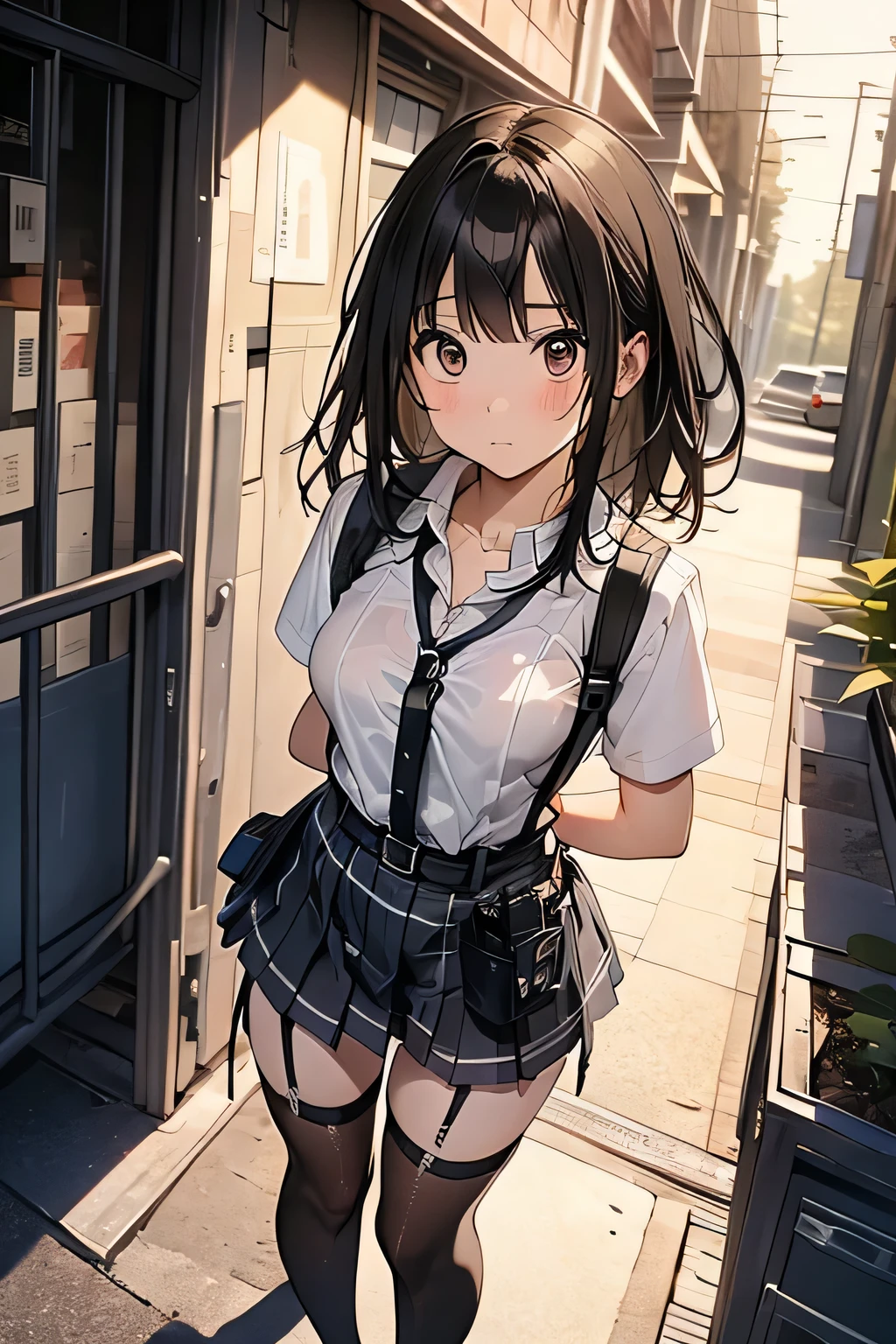 1 female, , high quality, masterpiece, Ultra-high resolution, Cinema Lighting, 1 female, , high quality, masterpiece, Ultra-high resolution, , Cinema Lighting, suspenders　　　Moderate breasts　 　 　　　　　 　　　　Small face　 　　　　　　　　　　　Looking up　　　　Sweat 　　　Thin belt　buzzer　脇Sweat 　　　　 　garter belt　　Belt on pants　　holster　 　　Hands behind your back　 　Looking up　Anxious face　Knee-high　Knee socks　Knee-highソックス 　garter　ふとももにgarter belt　Checkered mini skirt　 　　Panty shot　Skirt gap Armament　　　holster　holster 　　Hands behind your back　 Anxious expression　　Anxious face, legs apart　Armament　　Leg Holster　holster　See-through clothing　heavy rain　Rain-soaked dress shirt,Moderate breasts　ガーターbelt　suspenders　Garter on the thigh　Checkered mini skirt　Looking up　Pause　belt　Armpit sweat　Hands behind back　Raise your hands
