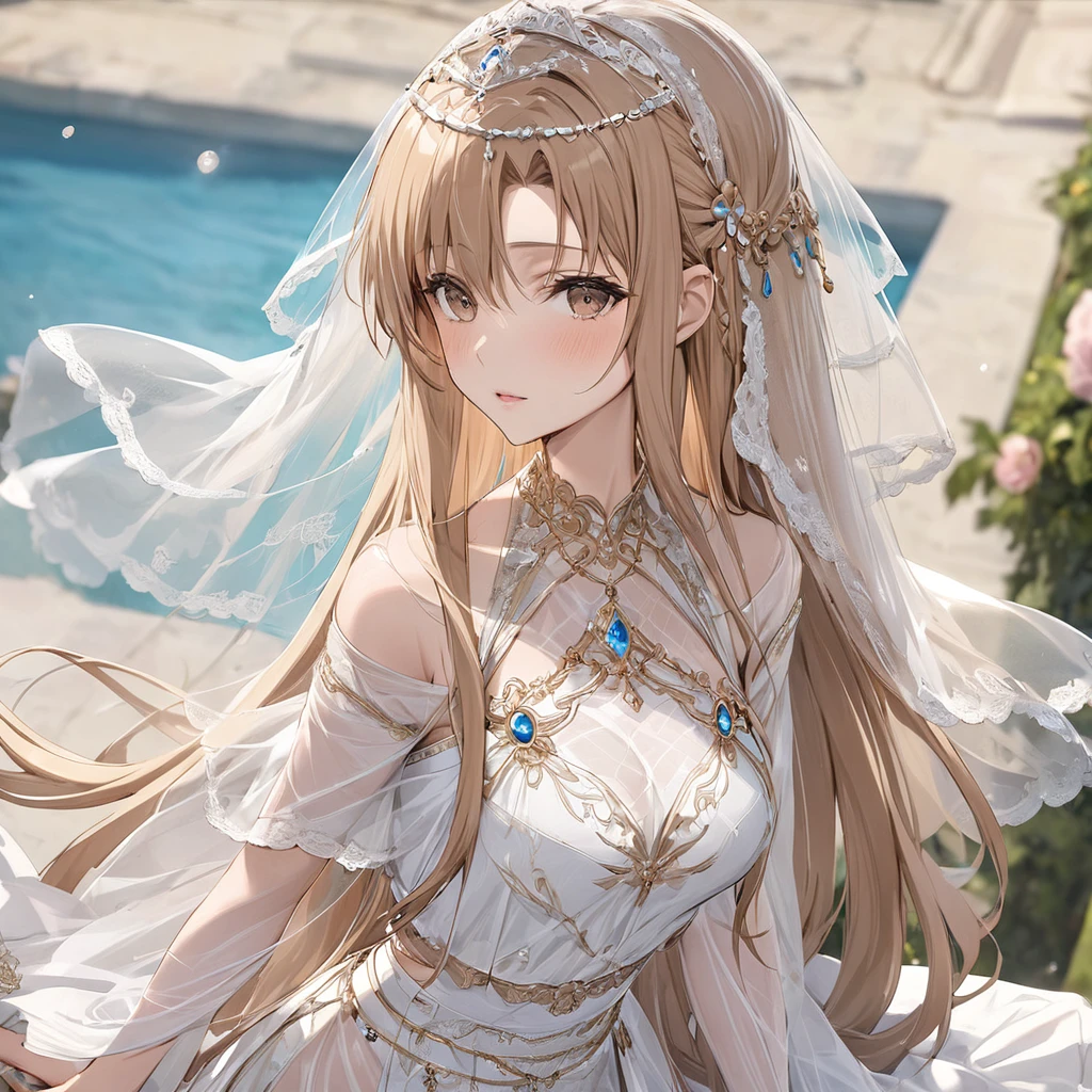 ((Highest quality)), ((masterpiece)), (detailed), （Perfect Face）、The woman is Yuuki Asuna, with light brown, semi-long hair, wearing a completely transparent outfit and veil, and adorned with luxurious accessories.