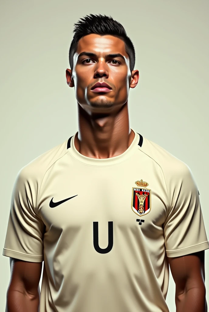 Cristiano Ronaldo with a cream football shirt and the U shield