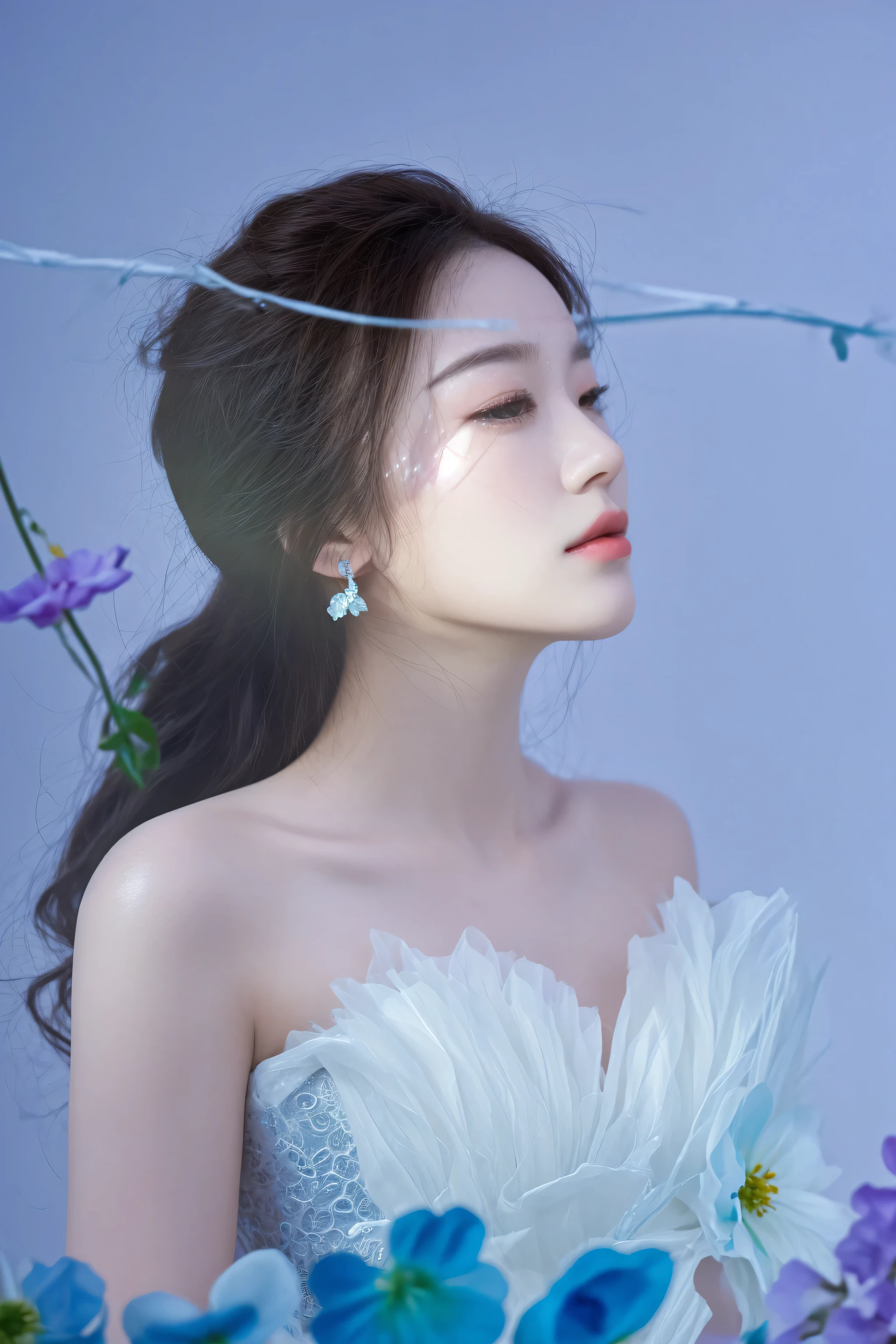 there is a woman in a white dress with flowers in her hair, with frozen flowers around her, ethereal beauty, inspired by Zhang Yan, mai anh tran, jingna zhang, inspired by Liu Haisu, real photoshoot queen of oceans, queen of the sea mu yanling, high res, a still of an ethereal, ethereal!!!!!!!, closeup fantasy with water magic