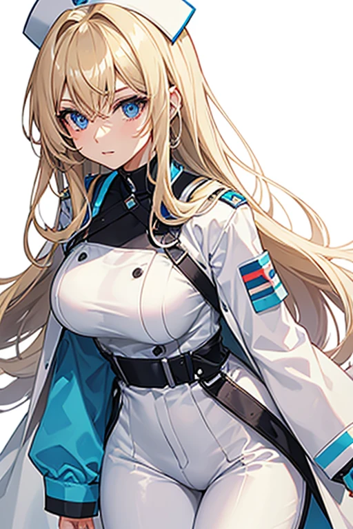 woman in her 20s, Mexican, slim build, nurse uniform, white coat, blue pants, long blonde hair, spiky hair, blue eyes, looking directly at viewer white background