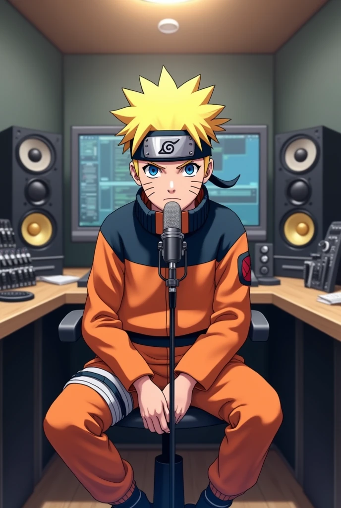 Naruto charecter sitting in a podcast.