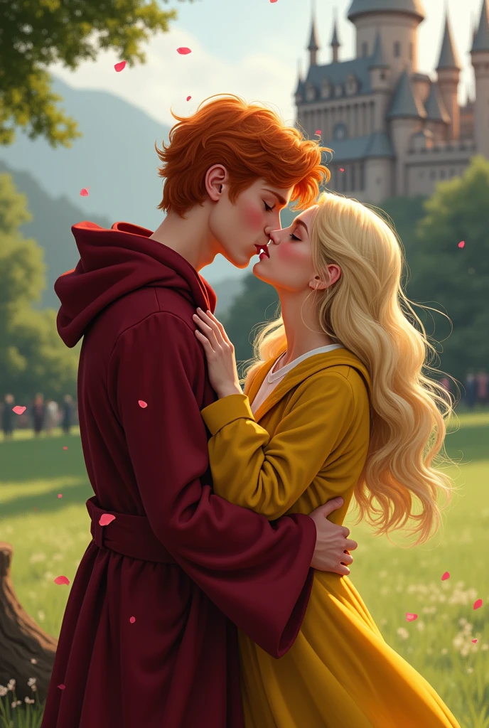 Russian blonde in Hufflepuff uniform kisses Fred Weasley from Gryffindor