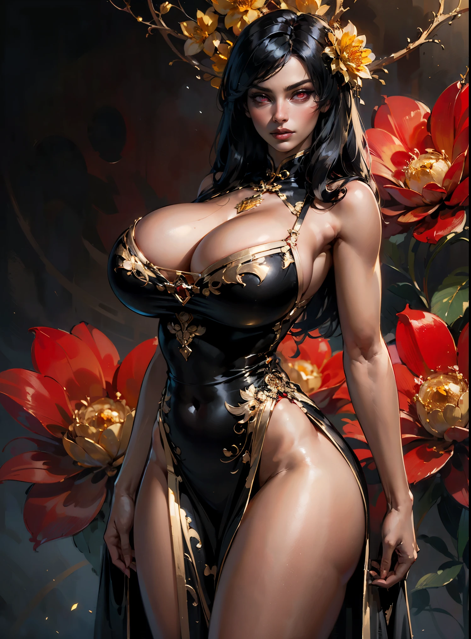 (masterpiece, anime, best quality, perfect face, (beautiful and aesthetic:1.4), highest detailed face), (dark fantasy illustration:1.3), (beautiful 18 years old female martial artist, (long silky black hair with bangs), (crimson eyes:1.5), slightly narrow eyes, smoky eyeliner, fake breasts, narrow waist, thick thighs, wide and squishy hips, flawless skin, huge round and soft ass, tall), ((highly revealing black and golden china dress with golden flower decorations), deep cleavage), (detailed background, (xanxia fantasy background)), standing pin-up pose, full shot, looking at viewer, (solo:1.3), (elegant, intricate, detailed digital anime art, high quality, 4k, extremely detailed, sharp, CG, hyper realism, dramatic light, HDR),
