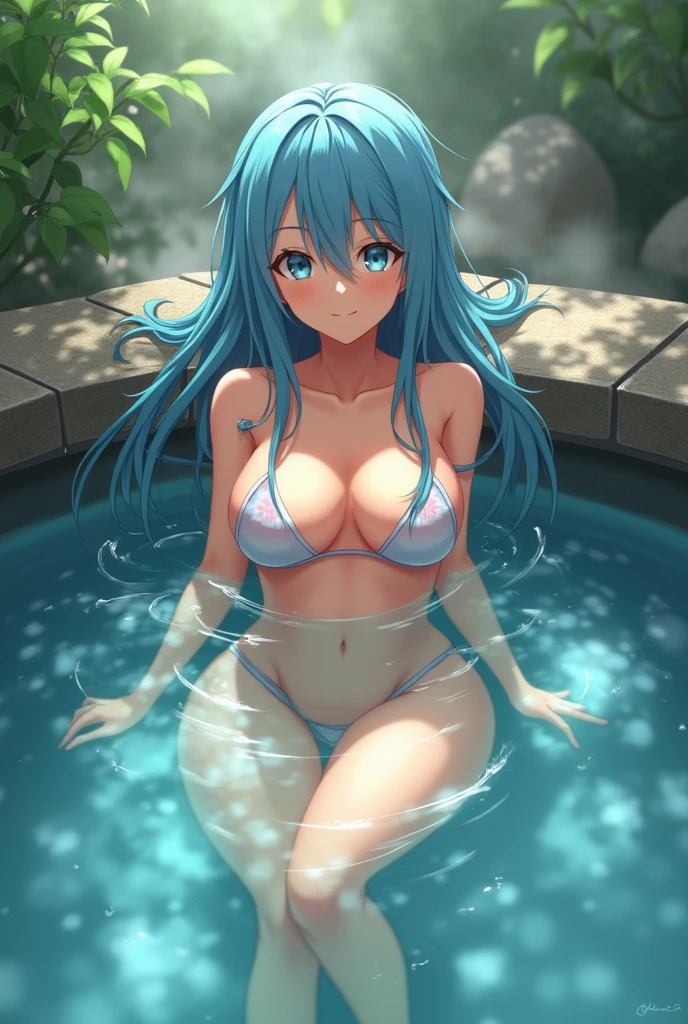 (nsfw),(1girl),(high resolution),(high resolution),(High definition),(8K),(Lower Body Shot),Urusei Yatsura&#39;s Ram、hot spring、(Towel over the chest)、(smile)、naked、Big Breasts、sit、