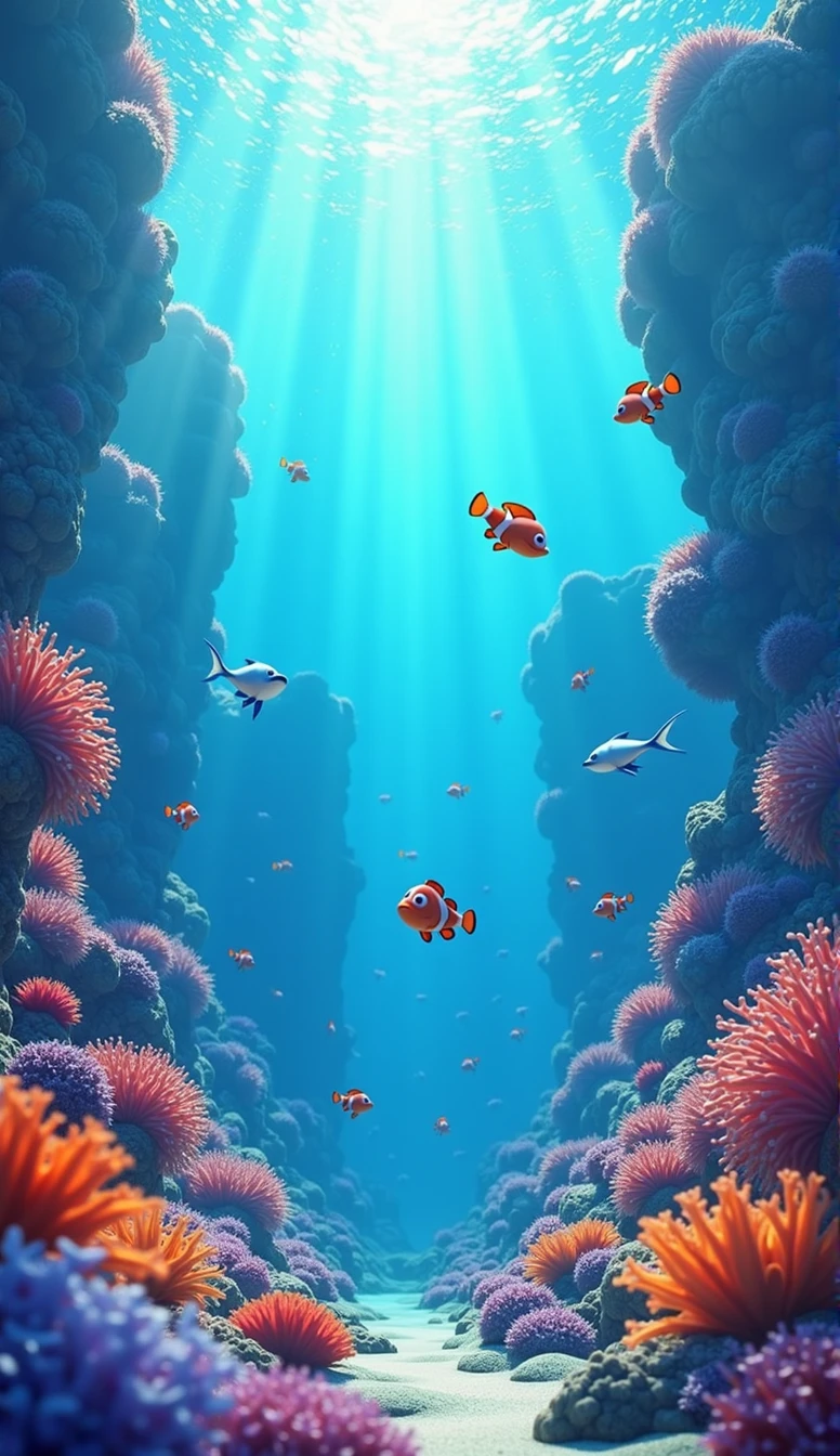 photorealistic, Viral anime nature wallpaper in 4K quality, in the style of Pixar 3D inspired by Finding Nemo, illustrating an underwater scene with vibrant coral reefs, colorful fish swimming around, and sunlight piercing through the water; bright and vivid color temperature, cosmos lighting with stars visible in the water surface, no human characters, the atmosphere is lively and magical --v 5 --stylize 1000