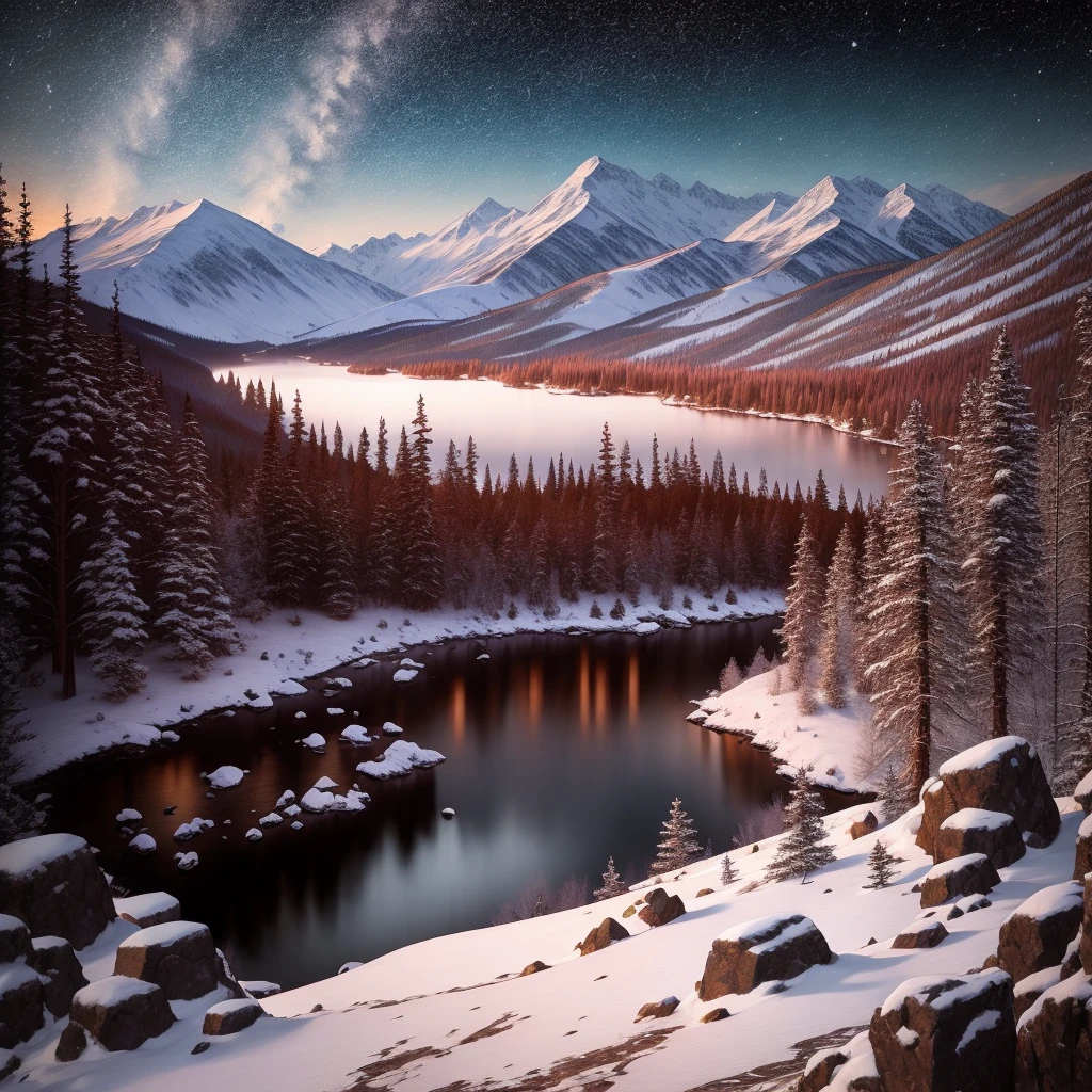 rocky mountain, night, dark colors, small village far away, lots of rocks, winter weather, dense forest, small shiny lake, painting, bats, realistic, lots of details, sky, galaxy, intermittent clouds, night, , at night, , at night