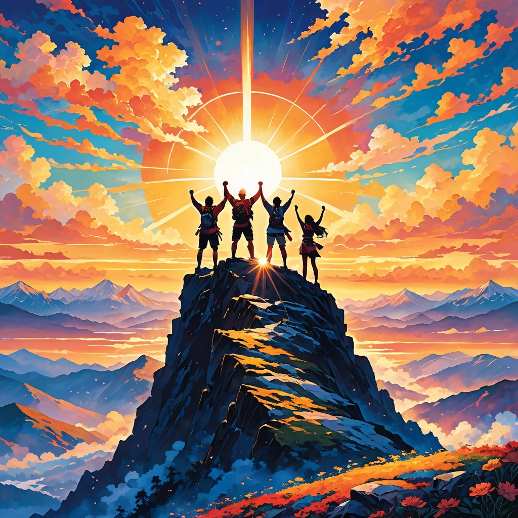 An inspiring and dynamic scene depicting a group of diverse individuals standing triumphantly on a mountain peak at dawn. The sun is rising, casting a warm glow and illuminating the sky in vibrant colors. The group, consisting of both men and women, stands united, symbolizing strength and unity. Each person exudes determination and courage, with their hands raised or linked together. In the background, other peaks are visible, emphasizing the achievement and the challenges overcome. The atmosphere is filled with a sense of victory, hope, and limitless possibilities