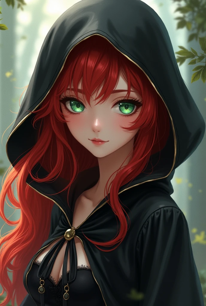 The most beautiful red-haired girl with a black cape on her head in Anime