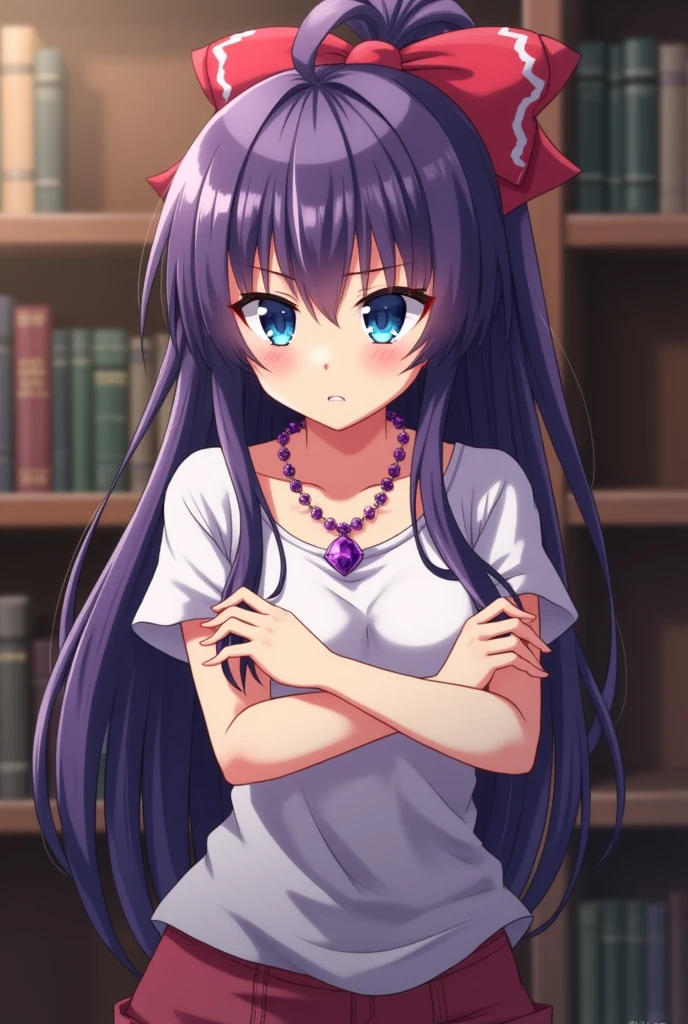 A girl short for her age, long and straight hair, violet hair tied in a high ponytail with a red bow, blue colored eyes. A sullen and arrogant expression on his face, wearing a short-sleeved blouse paired with shorts. An amethyst necklace. spite, looking like a "board" due to her tiny breasts. She is in a library with her arms crossed over her chest, with apparent anger. anime styling.