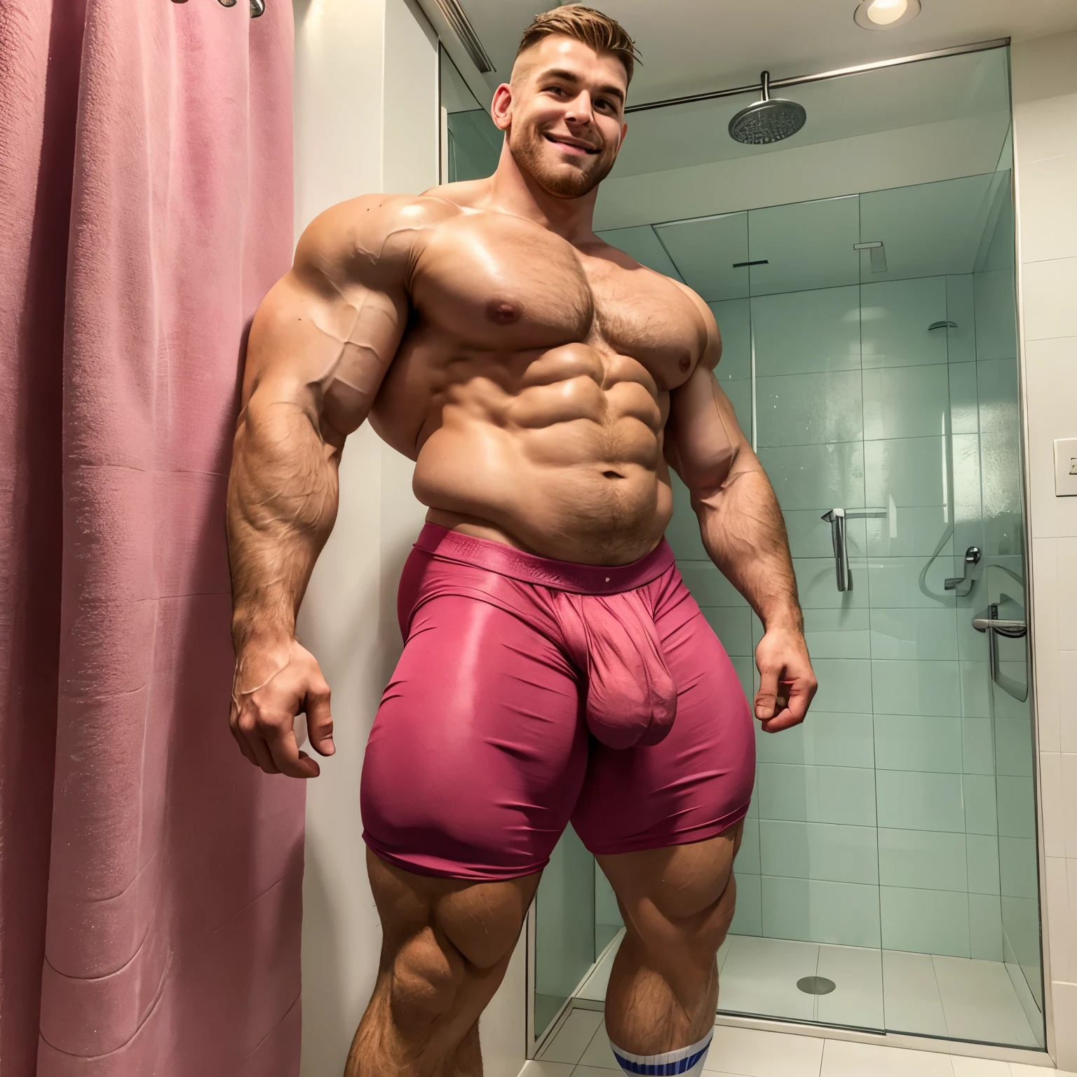 full view full body, one tall musclebound white european red-haired bodybuilder male with clean shaved undercut haircut. Huge over-sized biceps. Standing in a bathroom in front of the shower. Handsome. Massive muscles. Arm lifted to show peaked over-exagerated bulbous flexed over-inflated triple-biceps and enormous over-bloated shoulders and absurdly big over-over-over-inlated round too much bloated pecs. Looking happy Admiring himself. Shirtless waering only tiny lycra light-pink briefs, showing off a huge manhood bulge through the pink lycra, and pink socks, feet in socks are visible